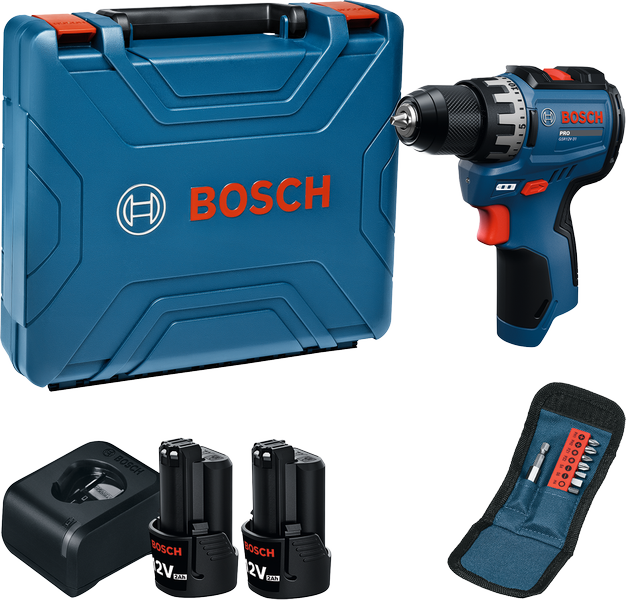 Bosch GSR12V-31 akku-boremaskinesæt med batterier.